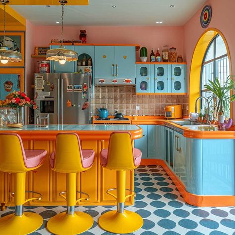 Kitsch Interior Design for a Vibrant and Eclectic Home • 333+ Art Images Interior Design Complementary Colors, Playful Home Design, Maximalist House, Funky Interior Design, 50s Home Decor, Estilo Kitsch, Funky Kitchen, Quirky Kitchen, 70s Interior