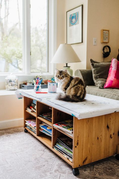 Catherine Newman's House Is a Joyful Jumble of Books, Games and Cats | Cup of Jo Sofa In The Kitchen, Kitchen Couch, Homeschool Room Design, Massachusetts Home, Doodle A, Coffee Table Cover, Cosy Lighting, Old Coffee Tables, Cup Of Jo