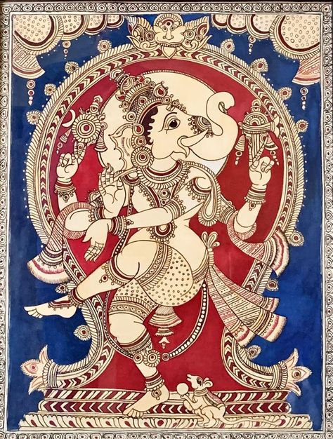 Kalamkari Ganesha Kalamkari Ganesha Painting, Ganesh Embroidery Design, Kalamkari Ganesha, Hindu God Sketch, Kalamkari Painting Traditional, Ganesha Madhubani, Bapu Paintings, Ganpati Painting, Ganesha Sketch