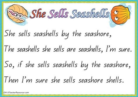 She Sells Seashells by the Seashore - Printable A4 page, large print pages, sentence and word reconstruction. Tongue Twisters In English Short, She Sells Seashells By The Seashore, Funny Anger Quotes, Control Anger Quotes, When Your Angry, Tongue Twisters In English, Tounge Twisters, Homeschool Themes, Tongue Twisters For Kids