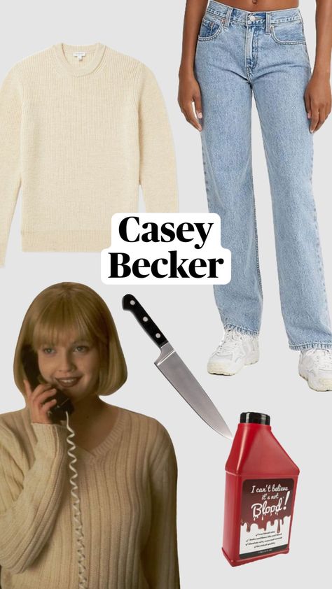 Casey Becker scream easy horror halloween costume inspo/idea perfect for cold weather #caseybecker #scream #drewbarrymore #halloween #halloweenaesthetic #halloweeninspo #halloweencostume #costume Drew Barrymore Scream Costume, Casey Becker Halloween Costume, Halloween Costume Cold Weather, Sydney Prescott Costume, Cold Weather Halloween Costumes, Halloween Costumes For Cold Weather, Drew Barrymore Scream, Scream Halloween Costume, Casey Becker