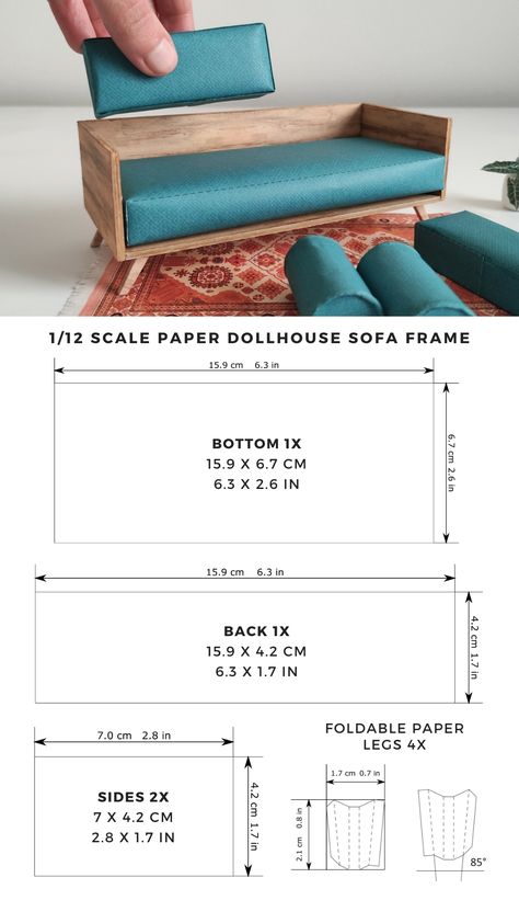 Create this mini 1/12 scale sofa frame for a modern dollhouse interior with the measurements from this template. Suitable for wood, paperboard or any other 3 mm or 1/8 inch thick material. You can also use skewers to make the legs of the sofa. Barbie A Frame Dream House, Miniature Furniture Template, Doll House Ideas Interiors, How To Make Doll Furniture, Modern Dollhouse Interior Ideas, Diy Dollhouse Furniture 1:12, Diy Dollhouse Furniture Easy Popsicle Sticks, Diy Dollhouse Furniture Easy How To Make, Diy Dollhouse Decor