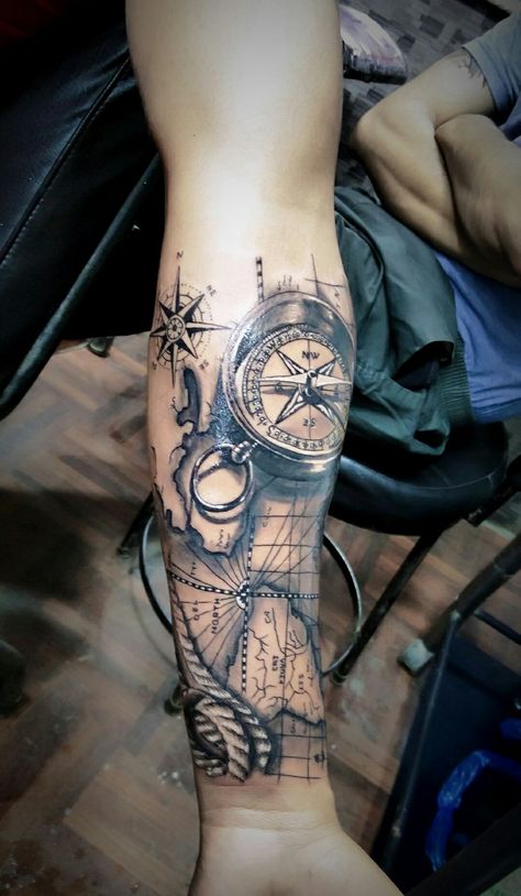 Navigator tattoo #navigator_map #frenz_tattoo_inn Navigator Tattoo, Compass Tattoo Men, Nautical Tattoo Sleeve, Pirate Tattoo, Map Tattoos, Forarm Tattoos, Triangle Tattoos, Forearm Sleeve Tattoos, Nautical Tattoo