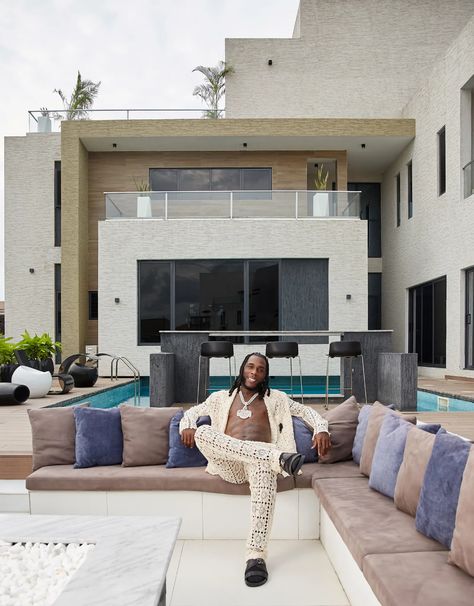 Tour Burna Boy’s Stunning Home in Lagos, Nigeria | Architectural Digest Classic Interior, Album Twice, Vinyl Room, Burna Boy, Tall Windows, Built In Bar, Lagos Nigeria, Contemporary Luxury, Bedroom Suite