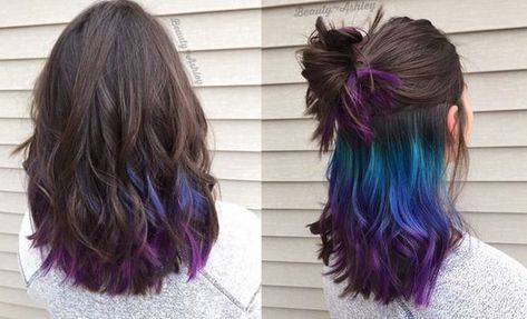 Purple Ombre Pixie Hair, Inverted Hair Color, Mermaid Hair Color Peekaboo Brunette, Bayalage Brunette Fine Hair, Brown To Purple Balayage Straight Hair, Dark Hair Peekaboo Color, Curly Hair Vivid Color, Oil Slick Hair Color Brunettes, Peekaboo Highlights For Brown Hair