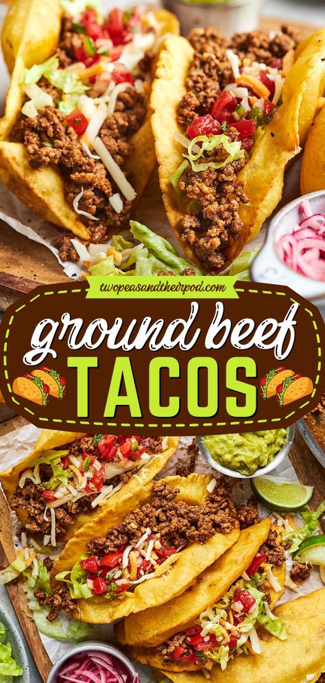 Want the best appetizer idea? These Ground Beef Tacos are made with homemade taco seasoning! The taco meat is juicy, full of flavor, and served in crispy taco shells. Pin this simple dinner recipe for tonight! Best Taco Meat Recipe, Tacos Al Vapor, Tacos At Home, Soft Tacos Recipes, Taco Recipes Ground Beef, Taco Recipes Mexican, Crispy Taco Shells, Street Taco Recipe, Keto Carnivore