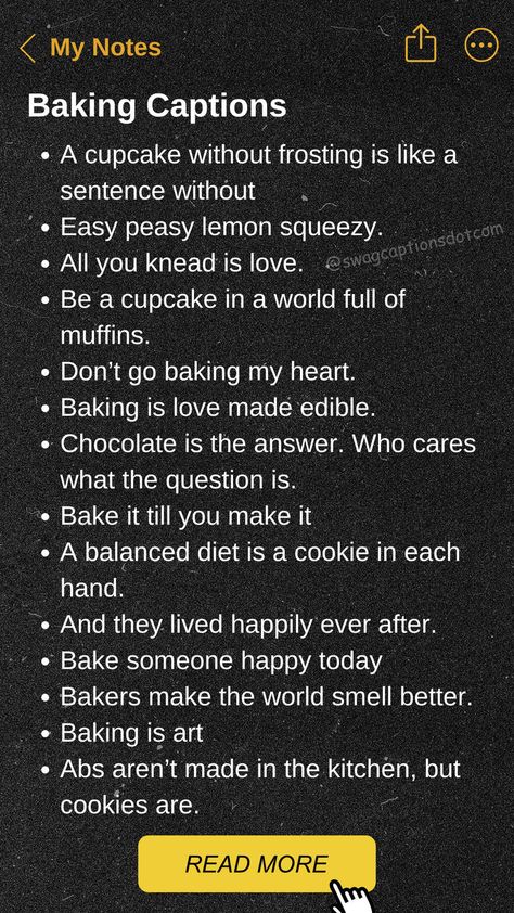 Discover the perfect "Baking Captions That Warm Hearts And Ovens" for your delightful baking moments! Whether you're whipping up cookies, cakes, or bread, these sweet and savory captions will add a dash of charm to your posts. Perfect for sharing your favorite recipes, showcasing your baking skills, or simply enjoying a cozy day in the kitchen. Get inspired and make your baking posts even more irresistible with these heartwarming baking quotes and captions. Baking Captions For Instagram, Baking Captions, Baking Pics, Up Cookies, Cobbler Crust, Mental Therapy, Baking Quotes, Baking Humor, Best Baking