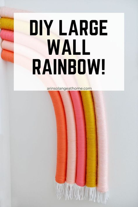 Check out this tutorial for a DIY Large wall rainbow art! This creates a beautiful aesthetic in a bedroom or nursery. Step by step instructions for how to create this large wall art on a budget using pool noodles and yarn! Rainbow Diy Decor Wall Art, Diy Pool Noodle Rainbow, Pool Noodle Wall Decor, Rainbow Wall Art Diy, Pool Noodle Rainbow, Diy Rainbow Decorations, Autumn Bed, Wall Art On A Budget, Wall Rainbow