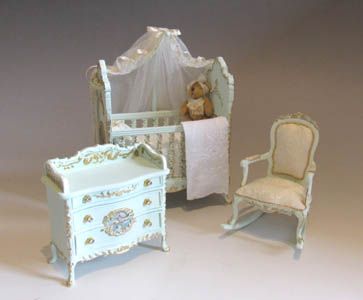 Nursery Cribs Chair Vignette, Nursery Cribs, Pierce Dollhouse, Victoria's Children, Queen Victoria Children, Ribbon Display, Diy Crib, Dollhouse Nursery, Baby Dresser