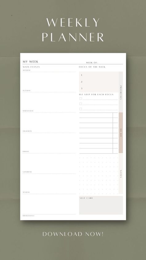 This weekly planner consists with main events column for each day of week. On the right side you have weekly focus, to do and notes sections. Planner Free Download, Free Weekly Planner Templates, Weekly Focus, Digital Planner Templates, Digital Planner Ideas, Agenda Design, Minimalist Weekly Planner, Weekly Planner Sheets, Weekly Planner Design