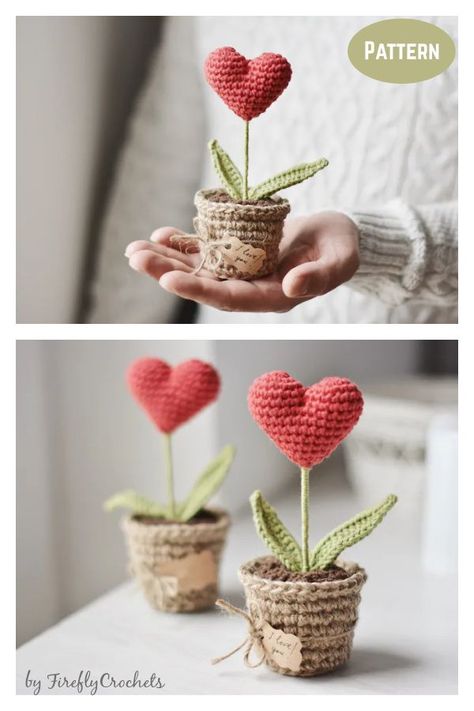 Crocheted Hearts, Heart Plant, Crochet Valentine Patterns, Valentines Patterns, Crochet Bouquet, Pola Amigurumi, Bunny Crochet, Crochet Plant, Valentines Crochet