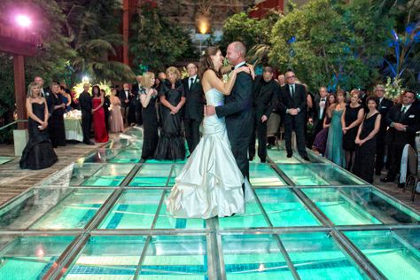 water-club-wedding-first-dance Dance Floor Ideas, Backyard Wedding Pool, Pool Wedding Decorations, Pool Dance, Wedding Dance Floor, Surprise Dance, Pool Wedding, Wedding Backyard Reception, Wedding Venue Los Angeles