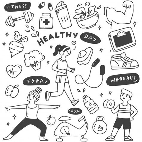 Exercise people with food and equipment | Premium Vector #Freepik #vector #food #sport #character #cartoon Exercise Doodles, Exercise Drawing, People With Food, Cartoon Banana, Minimalist Bullet Journal, Cute Pineapple, Vector Food, Character Cartoon, Dot Journals