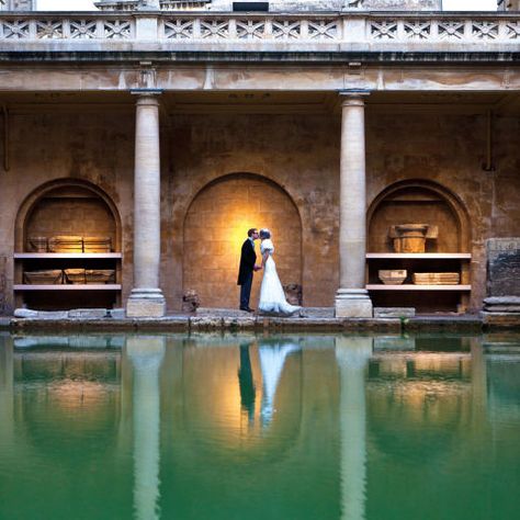 Where: BathUSP: Say your vows next to the torch-lit waters of the world-famous ancient Roman Baths and Pump Room, which date back more than 2,000 years. Bonus points: Sunrise and sunset wedding times are available.Price: £775-£3,900  Visit romanbaths.co.uk Picture courtesy of Lee Niel Uk Wedding Venues, Wedding Times, Wedding Venues Uk, Sunrise And Sunset, Roman Baths, Wedding Venue Inspiration, Places To Get Married, Sunset Wedding, Wedding Time