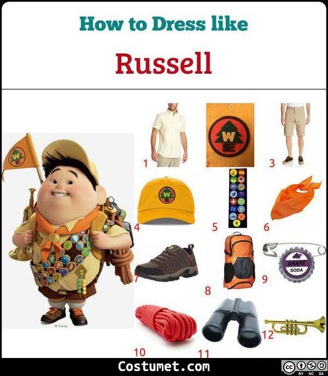 Up Boy Scout, Wilderness Explorer Badges, Russell Up Costume, Modern Disney Outfits, Russel Up, Wheelchair Costumes, White Crew Socks, Boy Scout Patches, Up Halloween Costumes