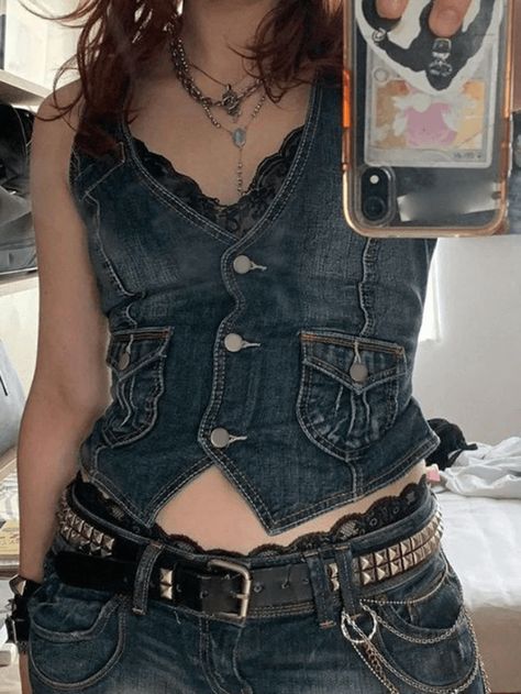 Button Front Denim Corset Top - Blue / M - AnotherChill Denim Bag Patterns, Denim Corset Top, Denim Shorts Outfit, Tuxedo Women, Steampunk Dress, Street Y2k, Suit Waistcoat, Outfits Mit Shorts, Streetwear Mode