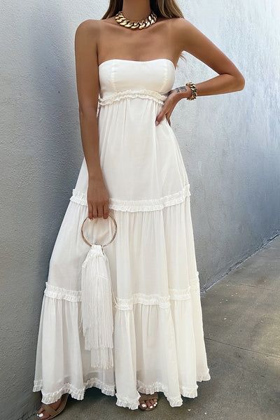 White Summer Dress Maxi, Sundress Style Wedding Dress, Simple White Dress Long, White Summer Dresses Long, White Flowy Dress Long, White Flowy Gown, Senior Pictures Maxi Dress, Beach Long Dresses, Boho Grad Dress