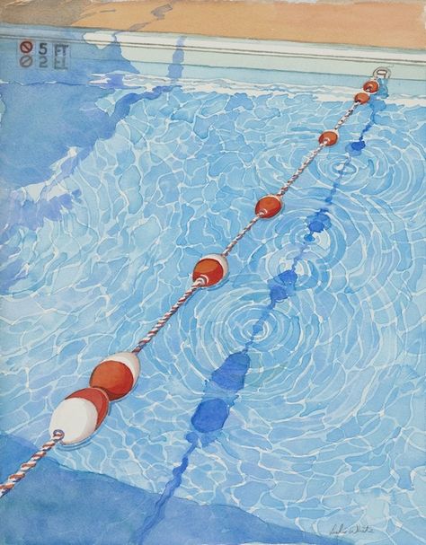 Rope Floats by Leslie White Floating On Water Drawing, Pool Doors, Reflection Illustration, Pool Illustration, Continue A Nadar, 데이비드 호크니, Leslie White, Swimming Pool Art, Pool Paint