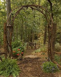 Beautiful arch for the garden made with fallen trees and muscadine vines pulled from the trees....I want this in my yard! Privacy Fence In Woods, Garden Beds Around House, Woods Hangout Spot, Woodland Landscaping, Backyard Woods, Forest Landscaping, Rustic Trellis, Acreage Landscaping, Corner Landscaping