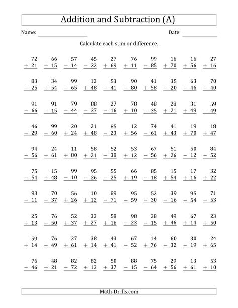 The 100 Two-Digit Addition and Subtraction Questions with Sums/Minuends to 99 (A) math worksheet from the Mixed Operations Worksheet page at Math-Drills.com. Grade 2 Math Worksheets Addition And Subtraction, Addition And Subtraction Worksheets 2nd, Addition Worksheets 2nd, Math Worksheets 2nd Grade, Subtraction Facts Worksheet, Two Digit Addition, Multiplication Facts Worksheets, Math Division Worksheets, Math Facts Addition