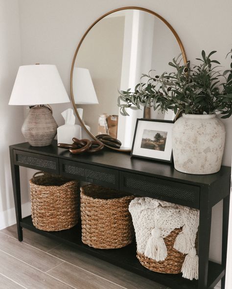 Black Entry Table With Baskets, Studio Mcgee Black Console Table, Black And Wood Entry Table, Entry Table Modern Farmhouse, Farmhouse Entry Table Black, How To Style A Foyer Entry Ways, Modern Farmhouse Black Furniture, Entry House Ideas, Dark Wood Console Table Entryway