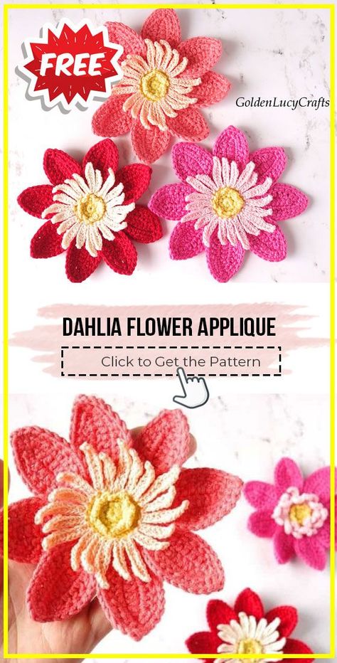 Amigurumi Patterns, Crochet Dahlia Pattern Free, Crochet Dahlia, Flower Applique Crochet, Crochet Flower Applique, Flower Applique Patterns, Crochet Shapes, Dress Pins, Easy Crochet Flower