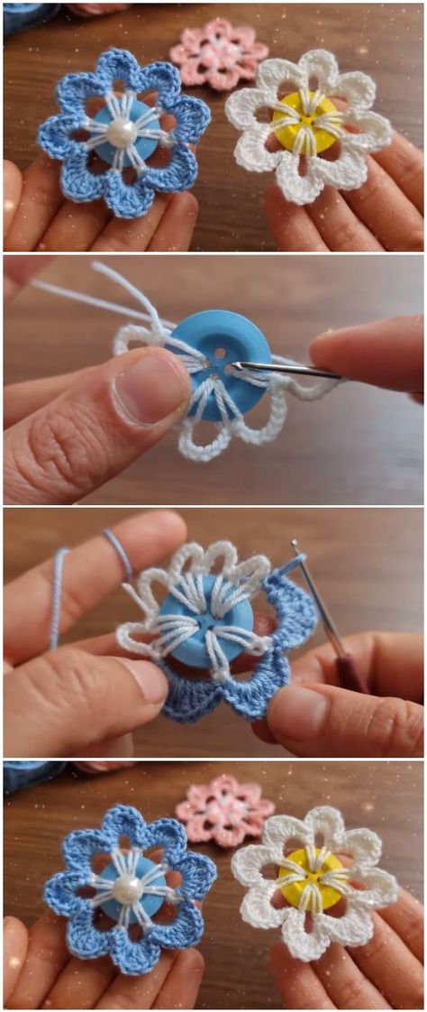 Crochet On Buttons Flower Patterns, Finished Crochet Projects, Diy Button Flowers, Sewing Projects With Buttons, Button Crochet Flowers, Button Flowers Diy, Button Diy Ideas, Crochet Around A Button, Crochet Button Flowers Free Pattern