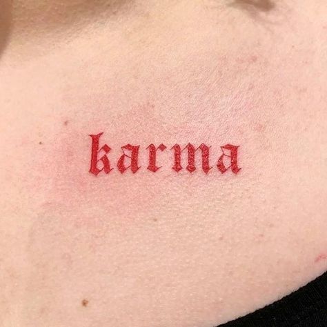 Karma title tattoo red tattoo text tattoo Title Tattoo, Black Red Tattoo, Lana Myers, Tattoo Text, Karma Tattoo, Fonts Lettering, Tattoo Red, Chicano Lettering, Tattoo Lettering Styles