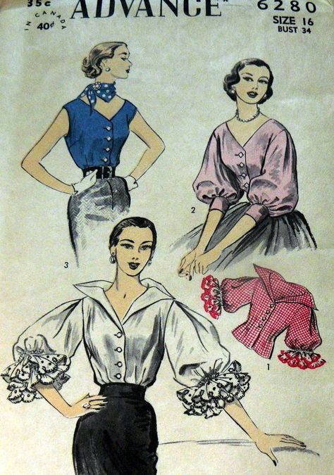 LOVELY VTG 1950s BLOUSE ADVANCE Sewing Pattern 16/34 Advance 6280 3/4 puff sleeves dramatic ruffle pirate white pink blue 1930s Patterns, 1950s Blouse, Patron Vintage, 1950s Sewing Patterns, Mode Retro, Retro Sewing Patterns, Wing Collar, Look Retro, Vintage Dress Patterns