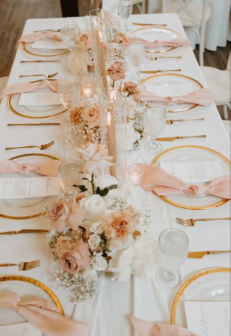 White And Blush Wedding Decor, Head Table Wedding Ideas, White Gold Pink Wedding, Peach And Gold Wedding, Ivory Wedding Theme, Pink Champagne Wedding, Blush Wedding Reception, Blush And White Wedding, Pink Wedding Receptions