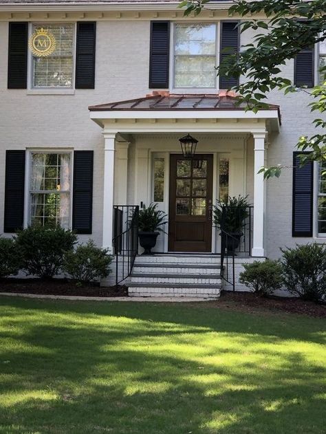 Colonial Front Doors Ideas, Colonial House Front Stoop, Colonial Style Exterior Makeover, Front Door Ideas Colonial House, White Colonial With Front Porch, Colonial Porch Addition, Colonial House Exterior Front Porch, Colonial Front Porch Addition, Portico Brick House