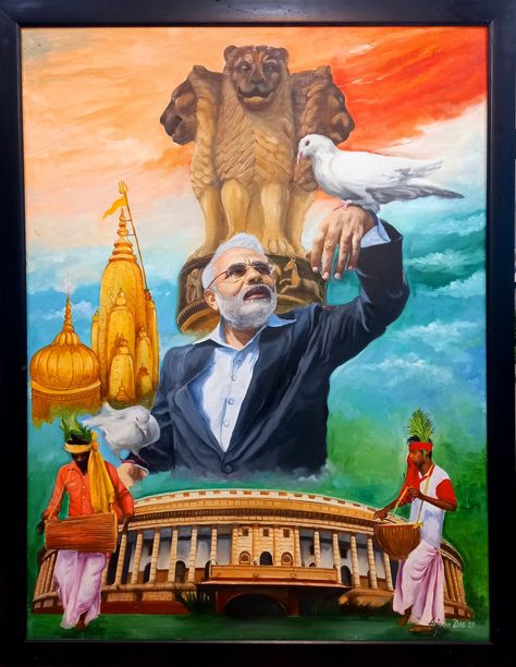 Narendra Modiji Painting, Beautiful God Drawing, Famous Artist Sketches, India In 2050 Poster, Narendra Modiji Sketch, India Drawings Ideas, Painting Ideas For Competition, Creative Composition Painting, Painting Competition Ideas