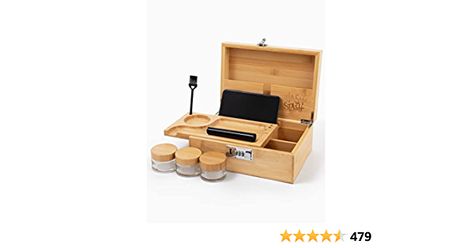 Amazon.com: HashStash - Stash Box with Built-In Combo Lock & Accessories - 3 Smell Proof Storage Jars, Rolling Tray, Tube, Brush - Stash Box Gift Kit Set - Herb Accessories Organizer: Home & Kitchen Bamboo Storage, Bamboo Box, Stash Box, Black Bamboo, Bamboo Design, Clever Design, Storage Jars, Top Tier, Pick One
