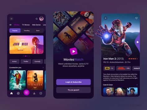 MoviesWatch - On-Demand Entertainment App (Cinema, Tv, Series) by Niranjan kumar Cinema App Design, Movie App Ui Design, Manga Apps, Game App Ui, App User Interface, Unique Website Design, App Design Layout, Desain Ui, Android Design