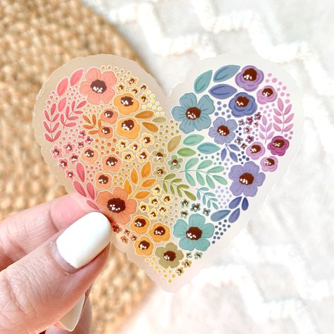 Clear Pride Floral Heart Sticker - Freshie & Zero Elyse Breanne, Clear Vinyl Stickers, Creative Bookmarks, Printed Stickers, Doodle Inspiration, Bee On Flower, Heart Sticker, Pride Rainbow, Floral Heart