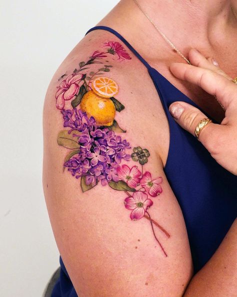 songeun shin | pink flowering dogwood, lemons, clover, white-ish hibiscus, lilac, bee… | Instagram Pink, Tattoos, Hibiscus, Flowers, Flowering Dogwood, California Tattoo, 2023 Pink, Lilac, Bee