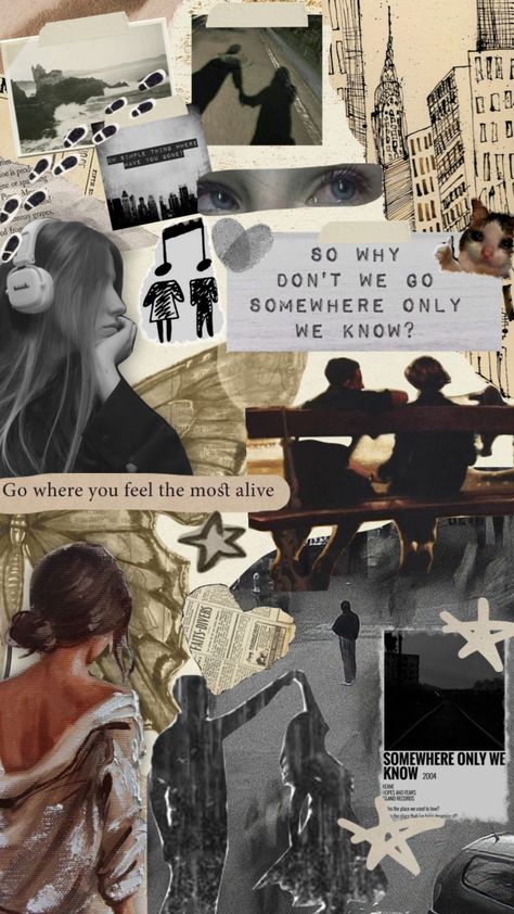 Song Lyric Collage Art, Somewhere Only We Know Aesthetic, Song Lyric Collage, Lyrics Collage, Song Collage, 2009 Aesthetic, Couple Shirt Design, Movie Collage, 3d Collage
