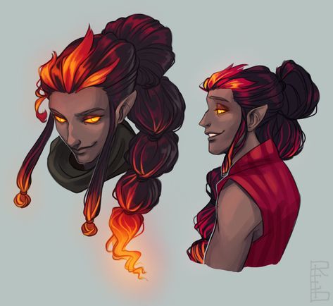 Hair Color Character Design, Flame Hair Character Design, How To Draw Fire Hair, Fire Hair Character Design, Fire Hair Character, Fire People Art, Djinn Character Design, Fire Hair Oc, Fire Genasi Bard