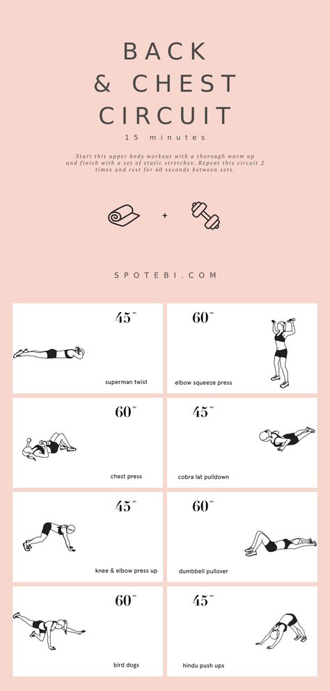 Try this 15-Minute Back and Chest Circuit today to tone your muscles and get a stronger and leaner upper body! https://www.spotebi.com/workout-routines/15-minute-back-chest-circuit/ Chest And Arm Workout, Chest And Back Workout, Dumbbell Arm Workout, Tuesday Workout, Upper Abs, Monday Workout, Effective Ab Workouts, 15 Minute Workout, Biceps And Triceps