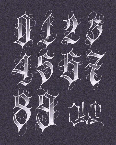 Fonts Design Goth Numbers Font, Old English Numbers On Nails, Old English Alphabet Letters, Valiant Aesthetic, Numbers Font Design, Chicano Number Fonts, Number Calligraphy Fonts, Old English Font Calligraphy, Gothic Numbers Font