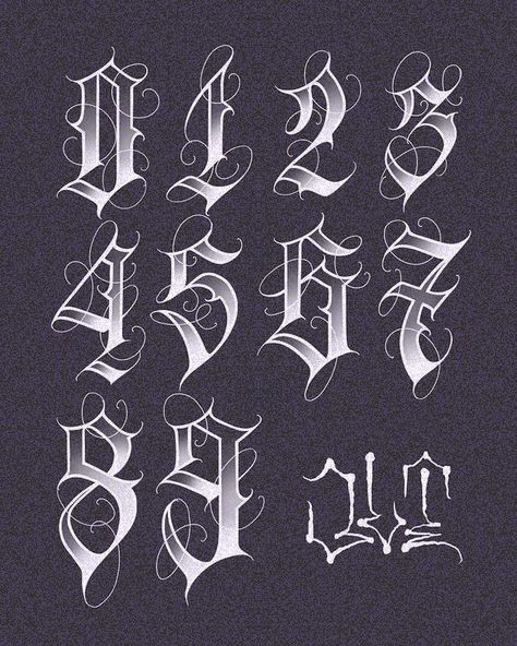 Fonts Design Goth Numbers Font, Gothic Alphabet Fonts, Valiant Aesthetic, Gothic Script Calligraphy, Letter A Font Design, Numbers Font Design, Cholo Style Letters, Chicano Number Fonts, Number Calligraphy Fonts