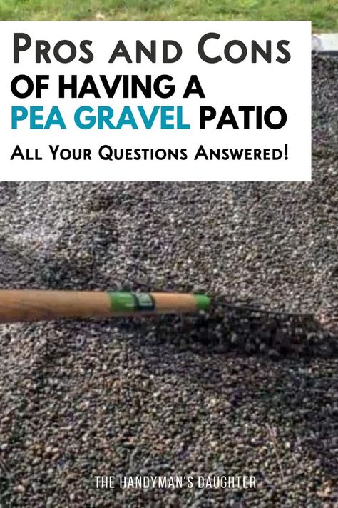 A pea gravel patio is cheap and easy to install and maintain! But it has a few drawbacks. Learn all the pea gravel patio pros and cons here! Pergola Over Pea Gravel Patio, Diy Gravel Patio Cheap, Gravel Patio With Stepping Stones, Front Yard Pea Gravel Landscaping, Backyard Patio Designs Diy Cheap, Garden Patio Floor Ideas, Laying Down Pea Gravel, Landscape Ideas With Pea Gravel, Pea Gravel Around Hot Tub