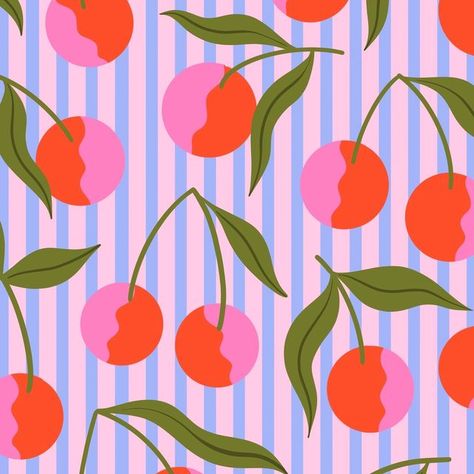 Melissa Donne on Instagram: "Happy Sunday! New cherries pattern brightening up my feed 🍒  Thank you to everyone who came to the @sotonmakers market yesterday it was such a lovely event. It felt very strange not selling but so happy to organise these markets with so many talented makers 😊  Have a great day everyone! . . . . . . #repeatpattern #patterndesign #patterndesigner #surfacedesign #surfacedesigner #surfacepatterndesign #surfacepatterndesigner #surfacepatterncommunity #foodart #theydrawandcook #patternplay #printandpattern #patternlover #illustrationartists #womenofillustration" Fruit Repeat Pattern, Summer Illustration Design, Motif Aesthetic, Fruit Pattern Illustration, Cherries Illustration, Fruit Pattern Design, Pattern Artists, Picnic Pattern, Cherry Illustration