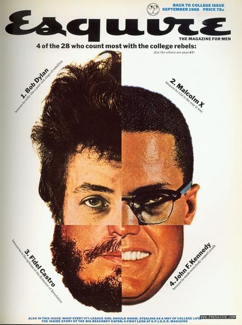 Esquire Covers by George Lois - “The Face of a Hero” Lois created a composite image of the leading four heroes to American college students at the time: Bob Dylan, Malcolm X, John F. Kennedy, and Fidel Castro. Their faces were all joined together by the crosshairs of a rifle sight. George Lois, Esquire Magazine Cover, Esquire Cover, What Is Fashion Designing, Book And Magazine Design, 광고 디자인, Esquire Magazine, Fidel Castro, Malcolm X