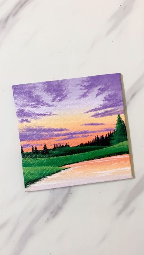 Mini Canvas Art Diy, Canvas Art Nature, Art Painting Diy, Mini Toile, Canvas Art Painting Abstract, Sunset Over Lake, Acrylic Landscape Painting, Sky Art Painting, Acrylic Landscape