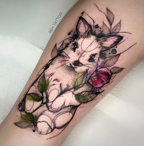 Cute rabbit holding a red rose. Tattoo by Renata Henriques, an artist at True Rise Tattoo in Sao Palo, Brazil. Whimsical Bunny Tattoo, Hase Tattoos, Geometric Rabbit, Rise Tattoo, Bunny Flower, Rabbit Tattoo, Tato Lengan, Bunny Tattoos, Rabbit Tattoos