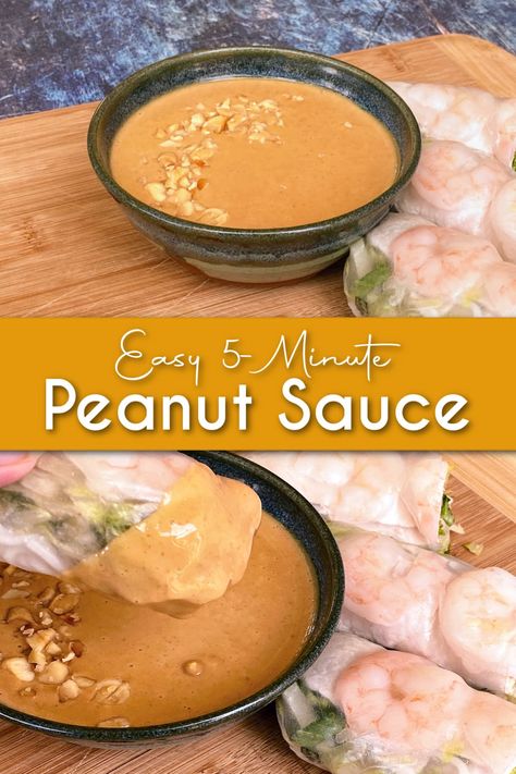 Savory, sweet, and silky smooth, this easy Thai-style Peanut Sauce recipe is perfect for fresh rolls, rice bowls, stir-fry, noodles, salads, and satay. Simple 5-minute prep. Thai Recipes Peanut Sauce, Peanut Satay Sauce Recipe, Asian Peanut Sauce Recipe, Fresh Rolls With Peanut Sauce, Healthy Peanut Sauce, Chinese Sauce Recipe, Peanut Sauce Thai, Thai Peanut Sauce Recipe, Asian Peanut Sauce