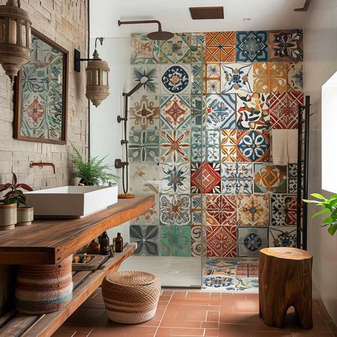 3+ Top Modern Shower Tile Designs to Create Your Dream Bathroom • 333+ Images • [ArtFacade] Indian Style Bathroom Design, Mexican Bathroom Ideas Spanish Style Master Bath, Guest Bathroom With Shower Ideas, Greek Bathroom Design, Mexico Bathroom Ideas, Boho Shower Tile Ideas, Brazilian Bathroom, Mexican Style Bathroom Ideas, Colorful Shower Tile