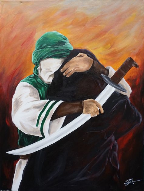 This painting is by Zainab Alzeheri (@Artzzai) with an acrylic paint on a finished 15X20 canvas.   The picture depicts Imam Hussain and his sister Sayeda Zainab during the battle of Karabala that happened in 680AD. The 10th of Muharram where Imam Hussain and his family were martyred. The original painting is sold, but prints are available: Print on matte paper is $35, will need a frame for hanging. Print on canvas is $85, ready to hang. FREE SHIPPING Sayeda Zainab, Painting Historical, 10 Muharram, Battle Of Karbala, Art Arabe, Middle Eastern Art, Islamic Calligraphy Painting, Star Painting, Islamic Paintings