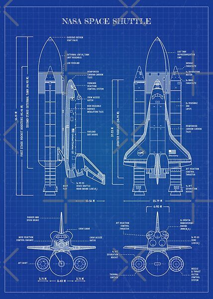 NASA Space Shuttle. Vintage blueprint (Vertical - English) Front, side, top and rear views. Aerospace Design, Nasa Poster, Nasa History, Teknologi Gadget, Rocket Design, Nasa Space Shuttle, Blueprint Art, Blue Galaxy, Aerospace Engineering
